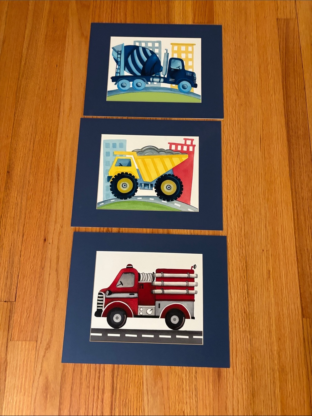 Kids Wall Art - Construction Truck Trio (Blue, Yellow, Red) 11 in x 14 in